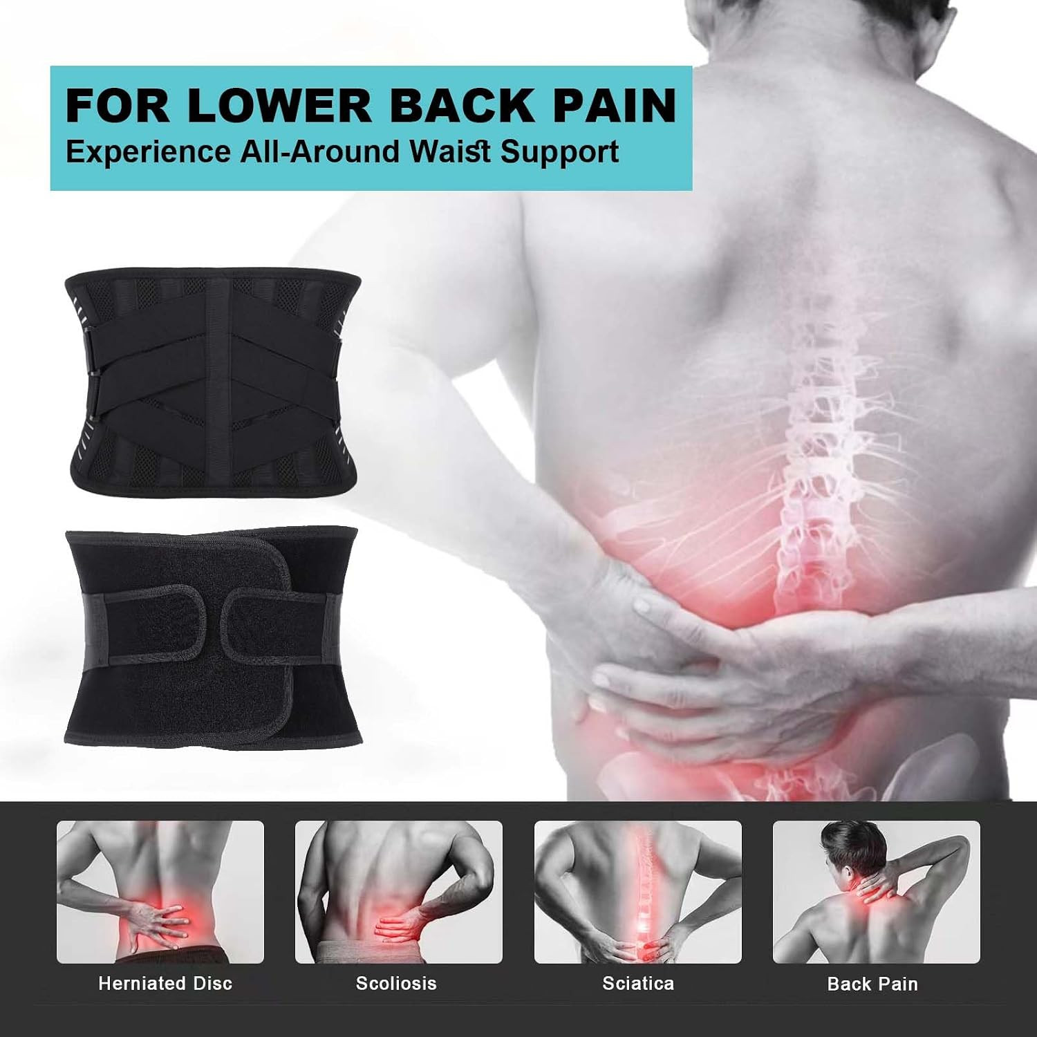 Back Brace for Lower Back Pain Relief, Anti-Skid Lumbar Support Belt with Mesh f