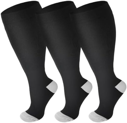 Double Couple 3 Pairs Plus Size Wide Calf Compression Socks for Women & Men 2…