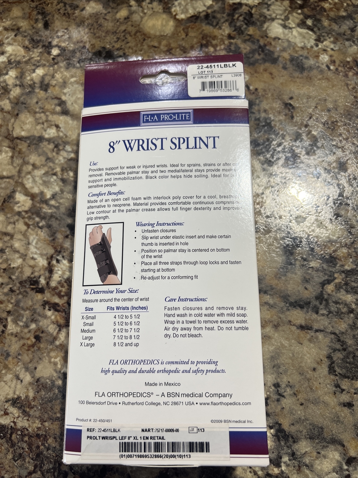 Professional Grade FLA Pro Lite 8″ Wrist Splint XL Left black