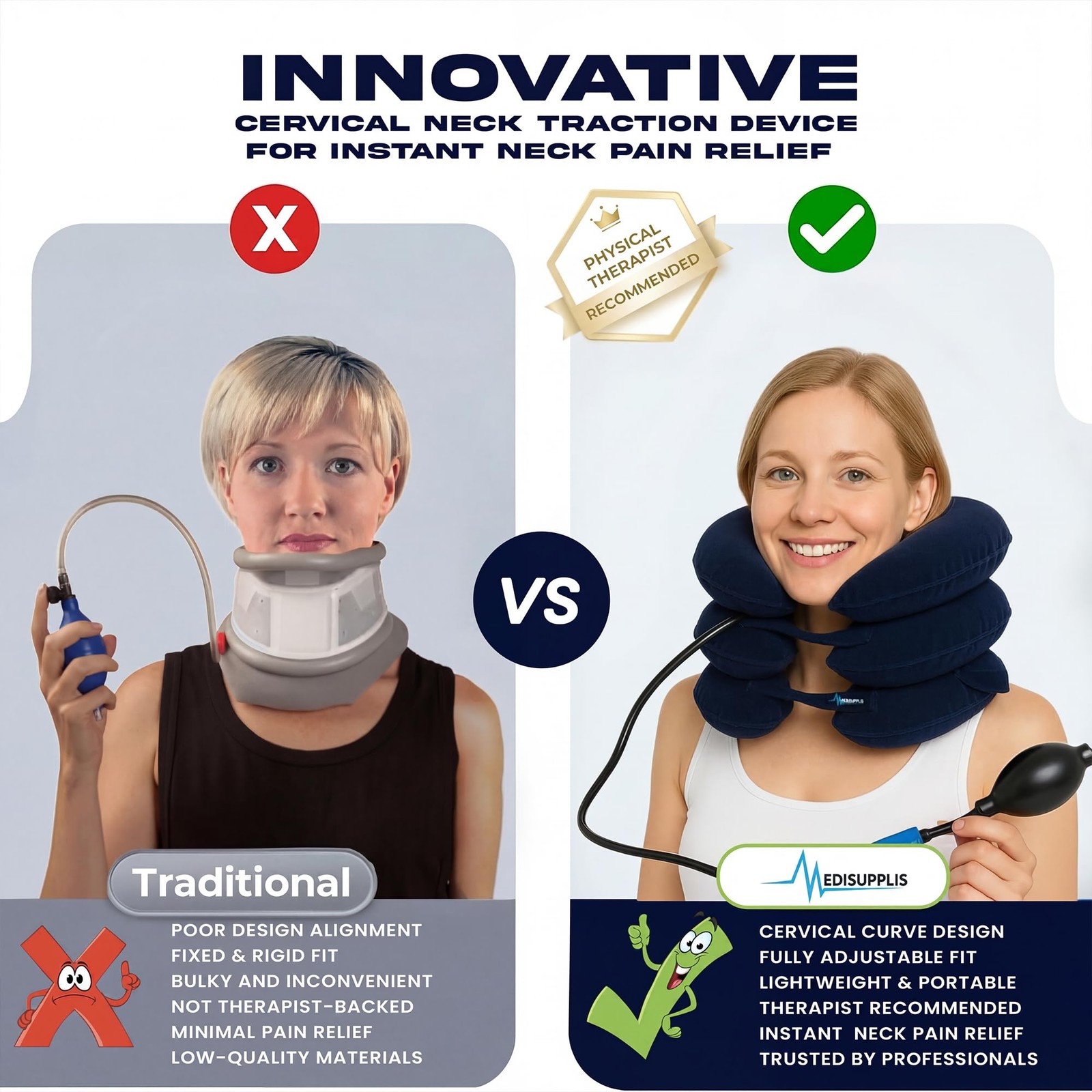 Neck Stretcher, Cervical Traction Device, Adjustable (S,M,L), Blue