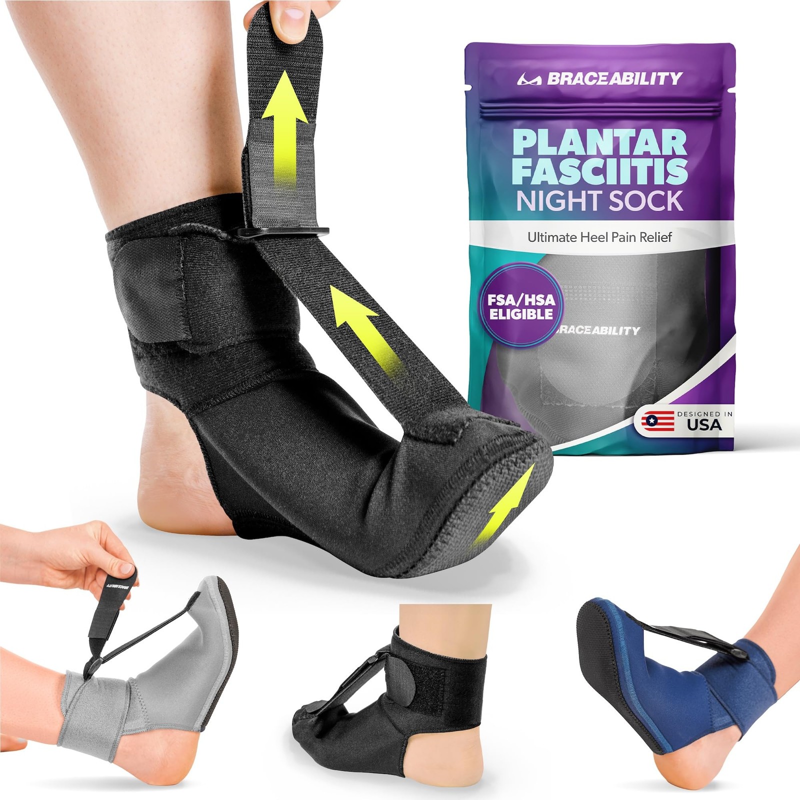 BraceAbility Plantar Fasciitis Night Splint Sock – Small, Black