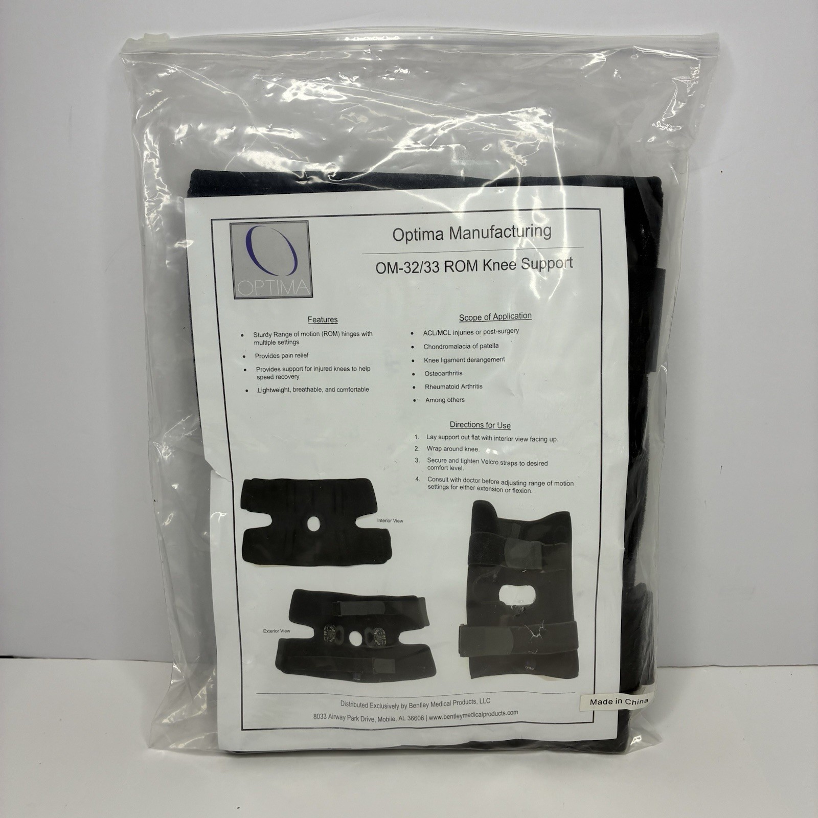 Optima OM-32/33 ROM Knee Support Brace Unisex Adult Black Adjustable Wrap Around