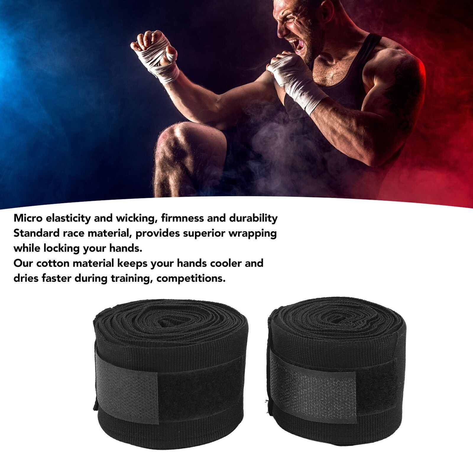 2pcs Boxing Handwraps Cotton 5m Quick Drying Semi Elastic Hook Loop Design Sport