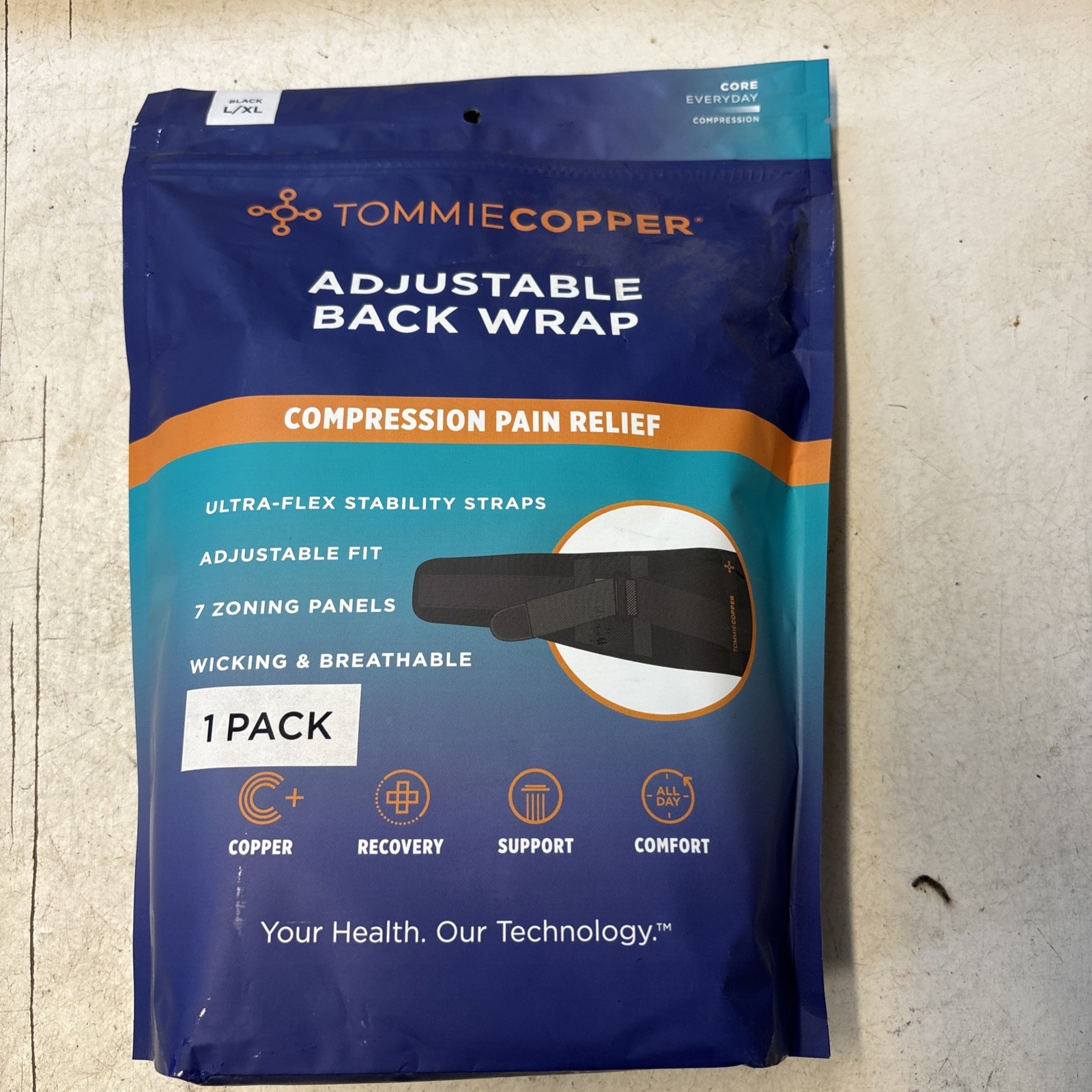 Tommie Copper Adj.Back Wrap Pack Compression Pain Relief Black Large XL.A10 367