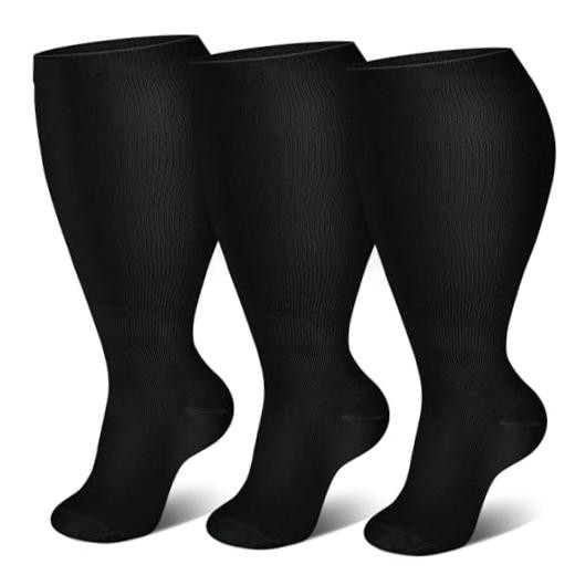 3 Packs Wide Calf Compression Socks for Women Men Knee Large Block Color-black