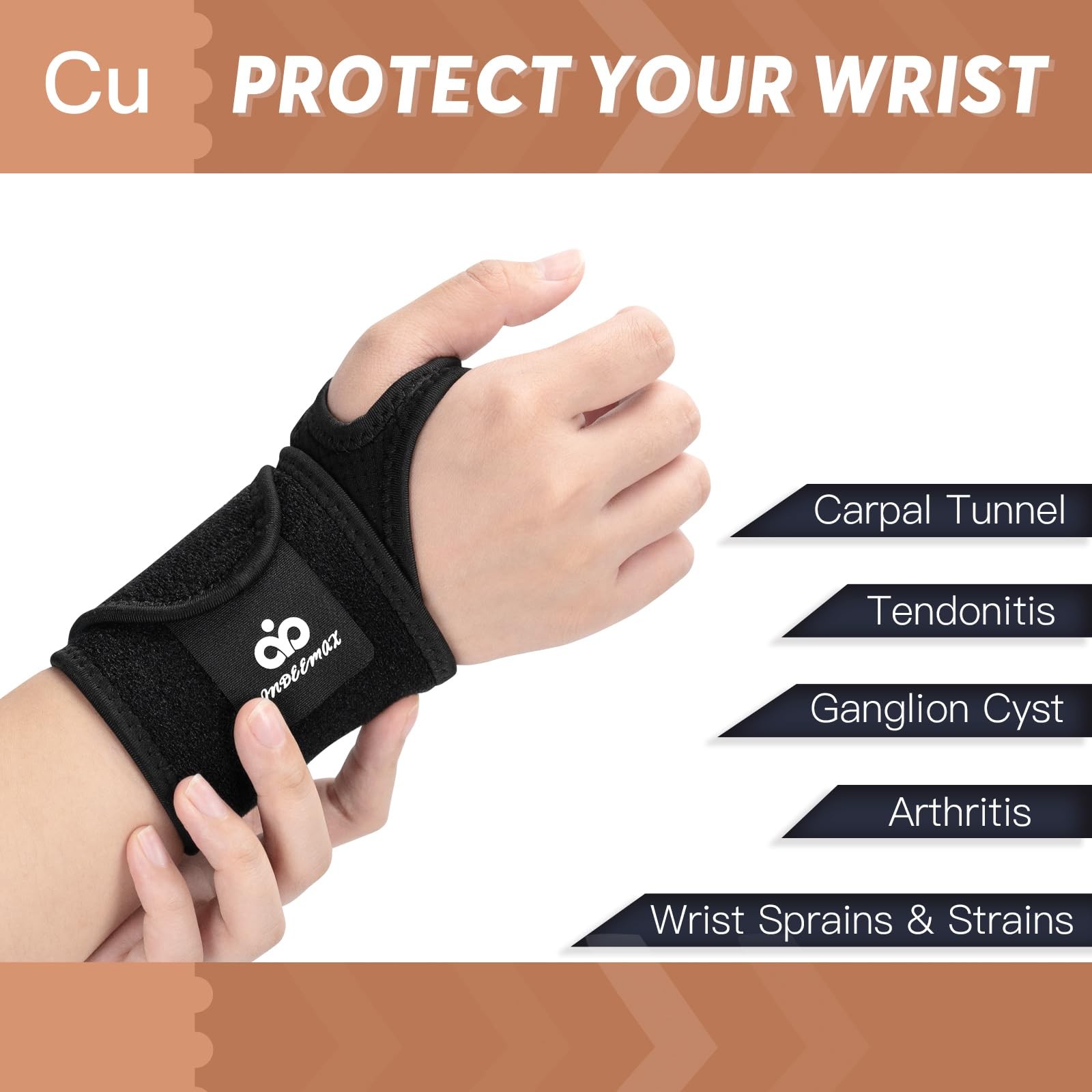 Copper Carpal Tunnel Wrist Brace 2 Pack, Support for Pain Relief