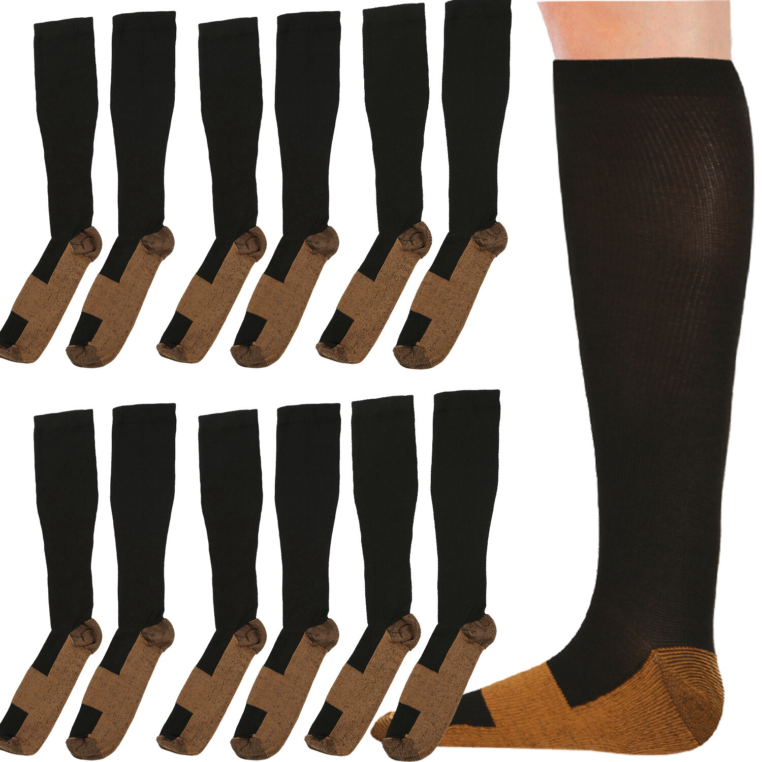 6 Pairs Copper Compression Socks 20-30mmHg Graduated Support Men Womens S/M SIZE