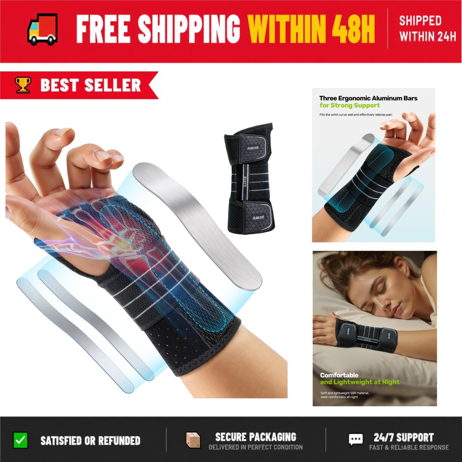 Rakiie Adjustable Carpal Tunnel Wrist Brace Left Hand – Medium Support