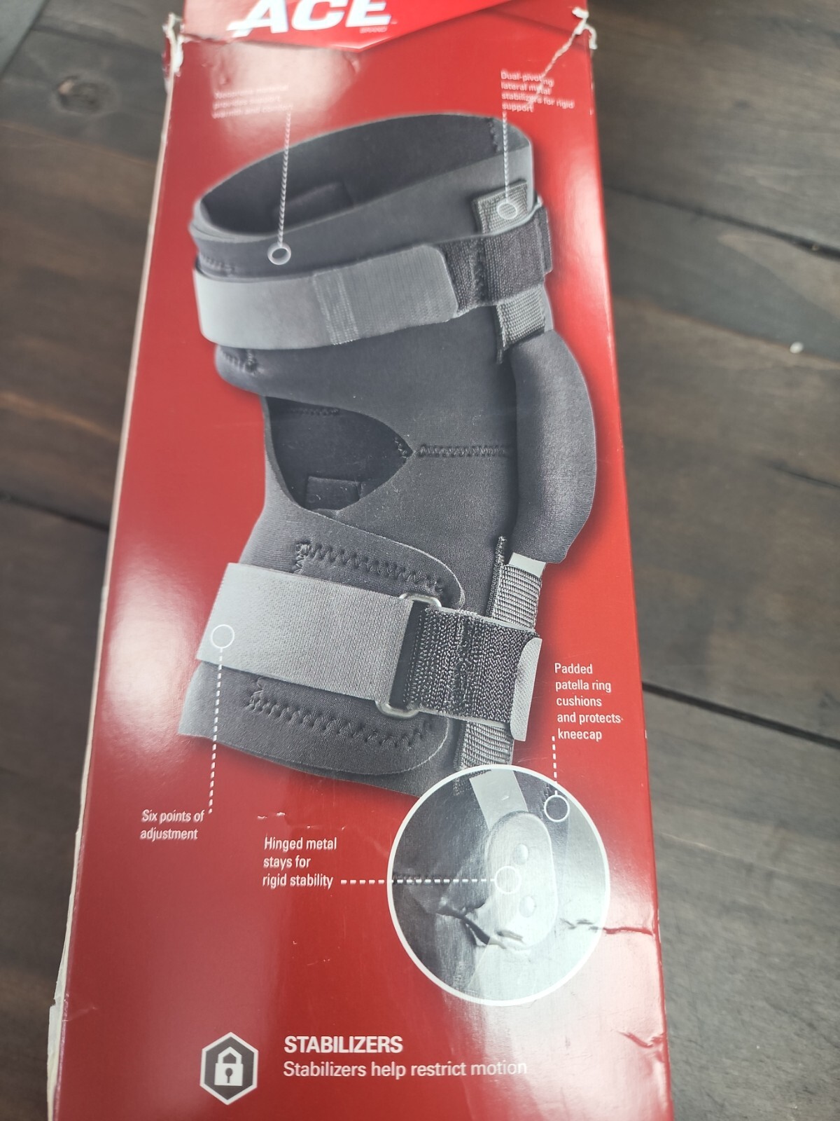 ACE Black Adjustable Hinged Pivoting Lateral Stabilizers Firm Knee Brace NWT