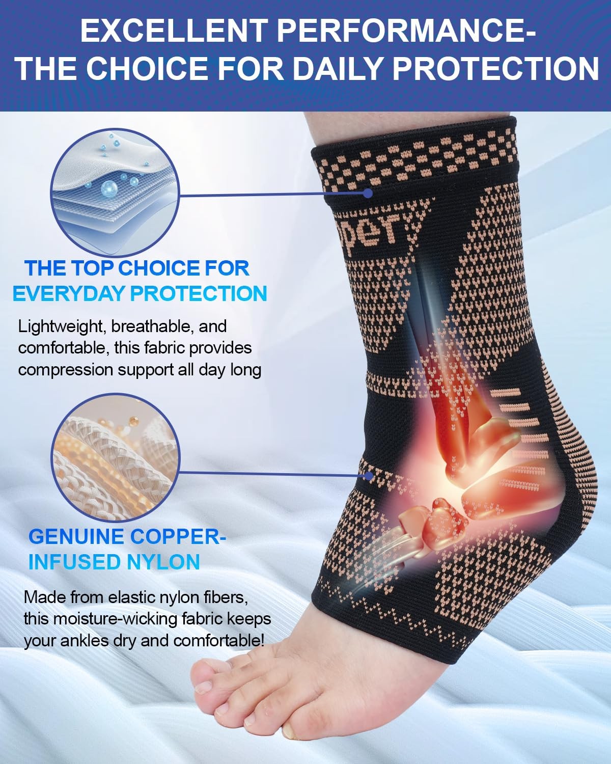 Copper Ankle Brace Support Sleeve for Foot Pain Swelling Sprains Tendonitis