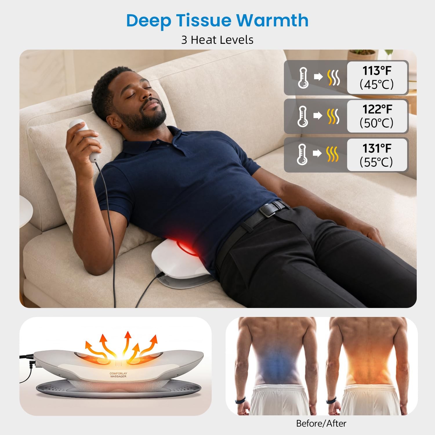 COMFORLAY 4 in 1 Cordless Lower Back Massager with Heat and 8 Levels Electrot…