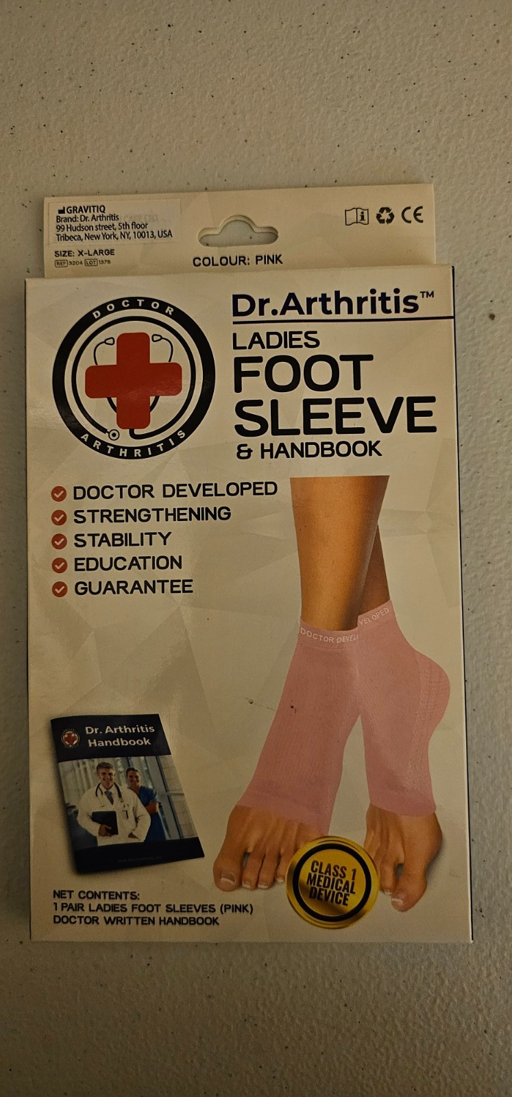 NIB Dr. Arthritis Ladies Foot Sleeve & handbook, Pink, Size XL