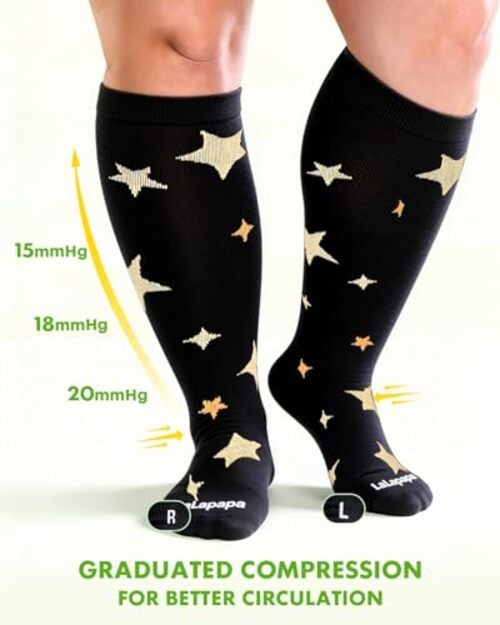 Bamboo Wide Calf Compression Socks for Women Men – 2 Pair 3X-Large Moon & Star