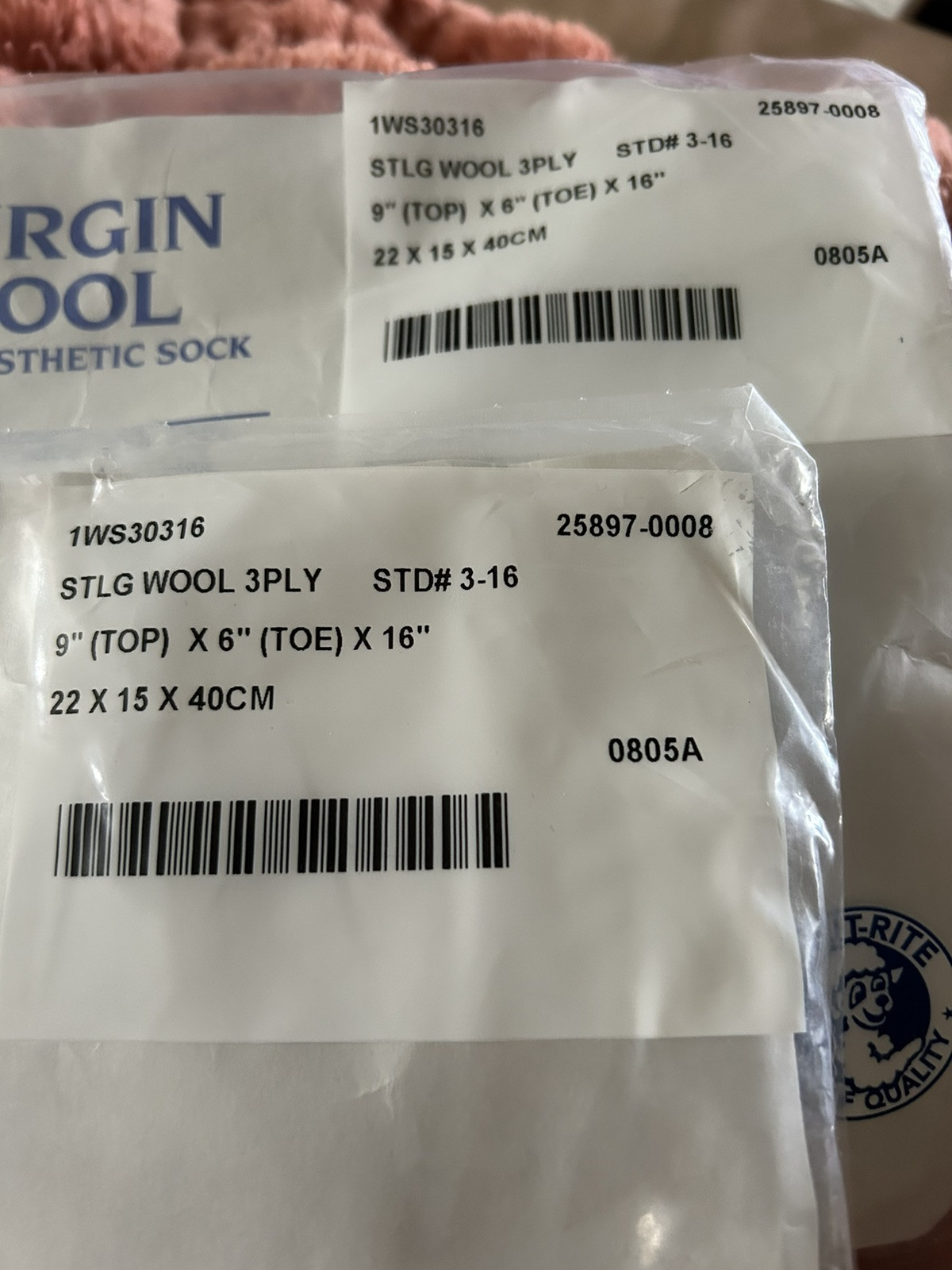 (2) Knit-Rite 100% Virgin Wool Prosthetic Socks 3 Ply Sz 3 9″top 6″ Toe