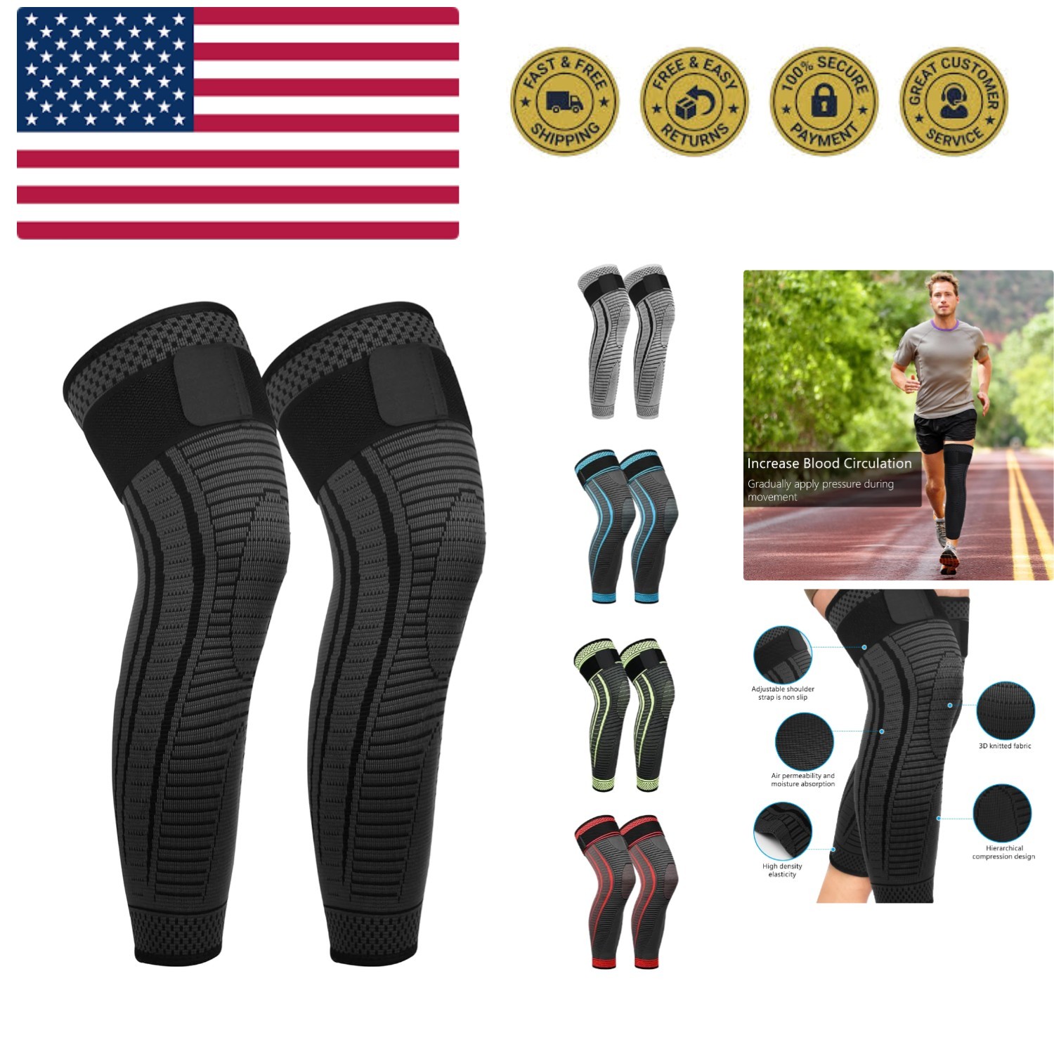 Full Leg Compression Sleeves 2 Pack Long Knee Support for Men and Women for A…