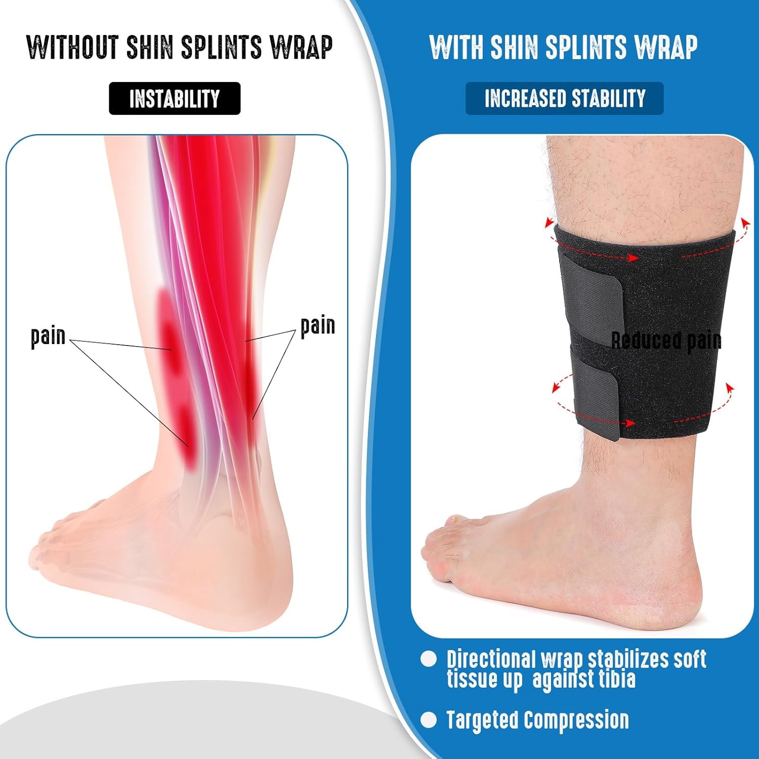 2 Pcs Shin Splint Compression Wraps Adjustable Calf Brace Support Sleeve Black