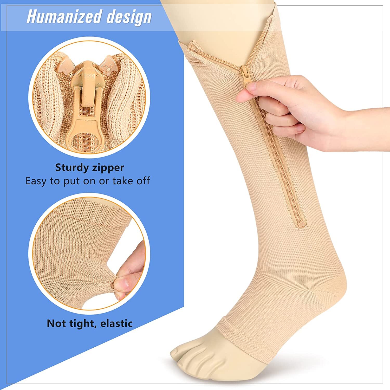 Zipper Compression Socks Toeless Long Length Stockings Support for Legs & Muscle