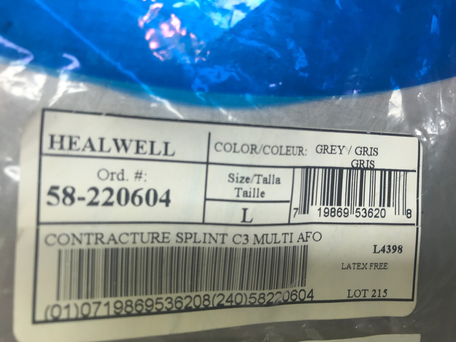 58-220604 Healwell Tri-Laminate Multi AFO Contracture SPLINT LARGE Gray