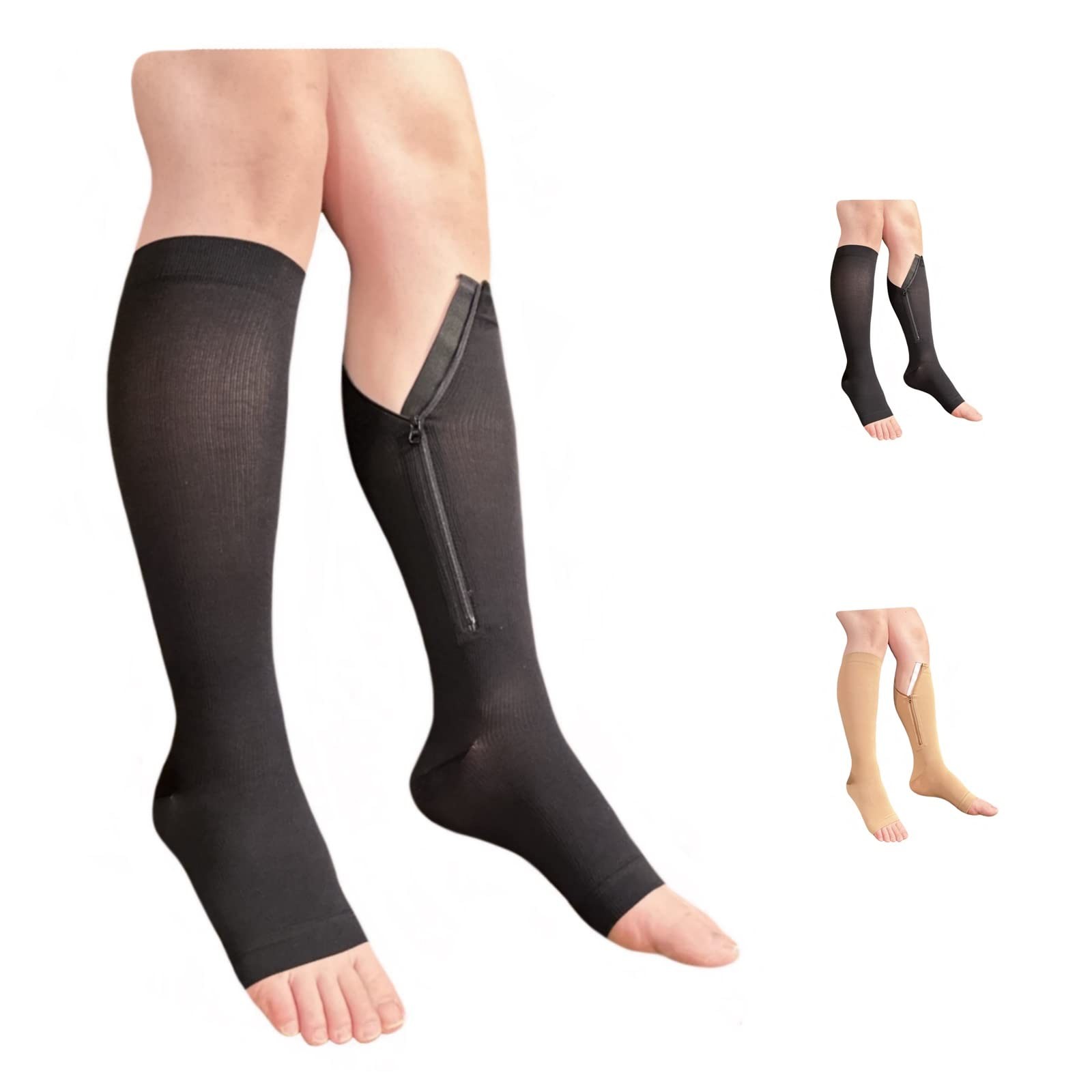 Inside Leg Zipper Compression Socks 20-30 mmHg Calf Open Toe Hosiery Black