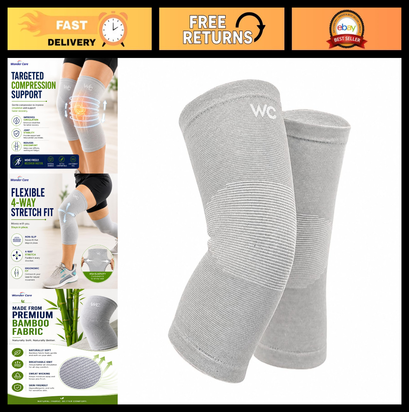Bamboo Compression Knee Sleeves for Men & Women – Sports Support Pair M