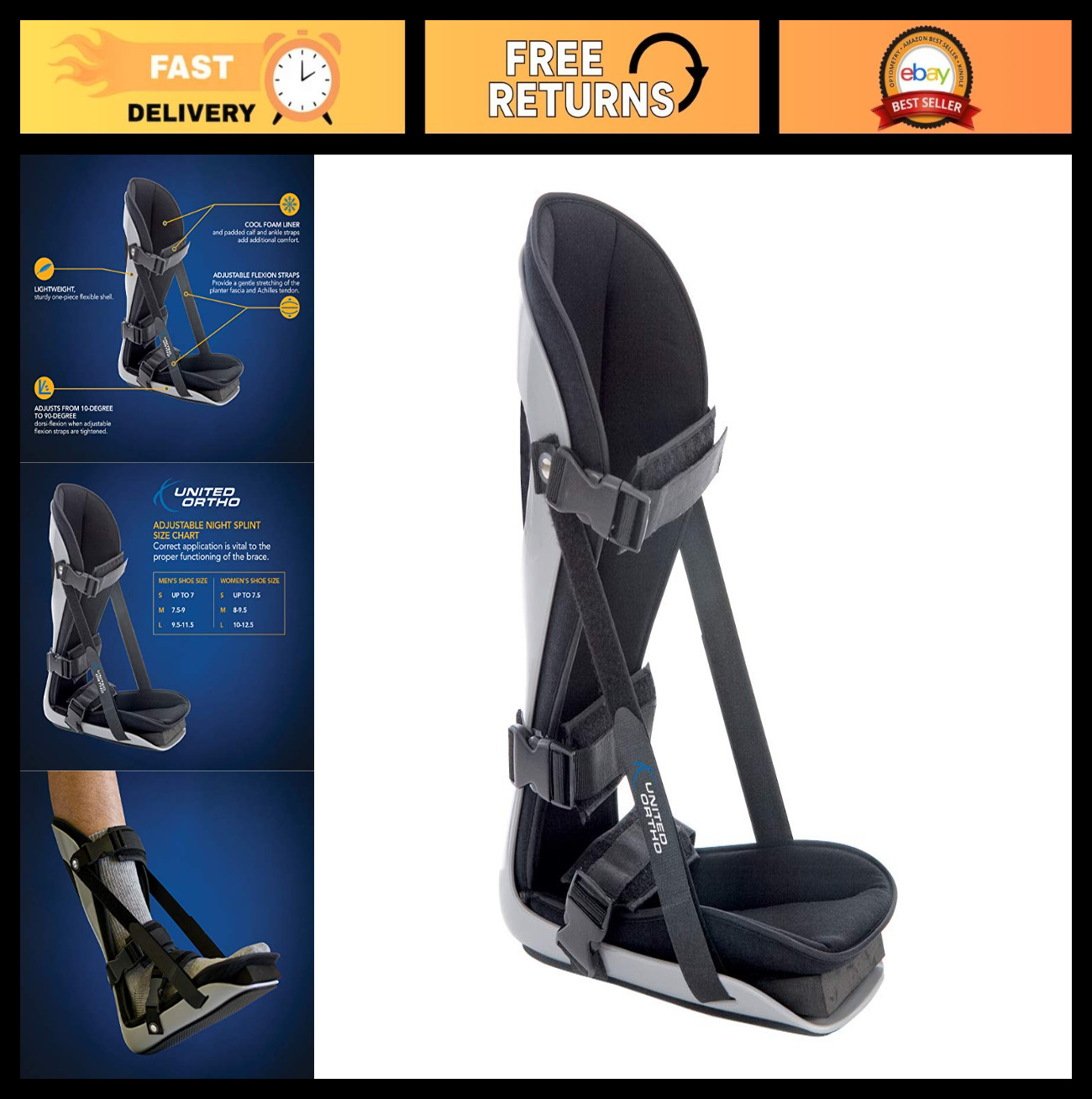 Adjustable Plantar Fasciitis Leg Support Brace for Right/Left Foot – Small, Blac