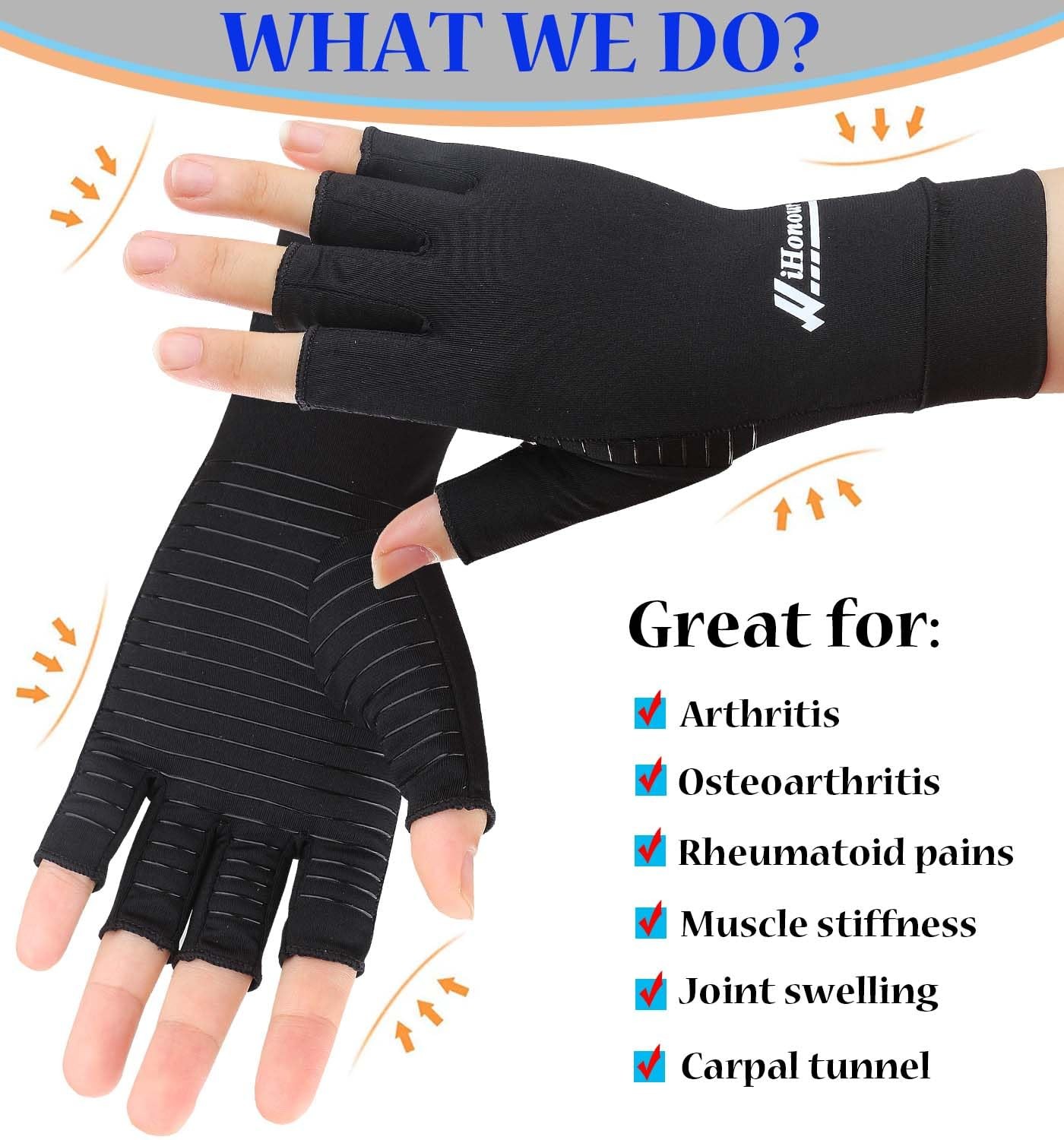 2 Pairs Copper Arthritis Gloves – Compression Large (2 Pair), Black