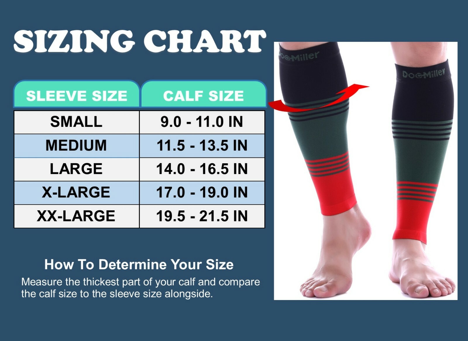 Calf Compression Sleeve 1 Pair Doc Miller 20-30 mmHg Varicose Veins BLK/GRN/RED