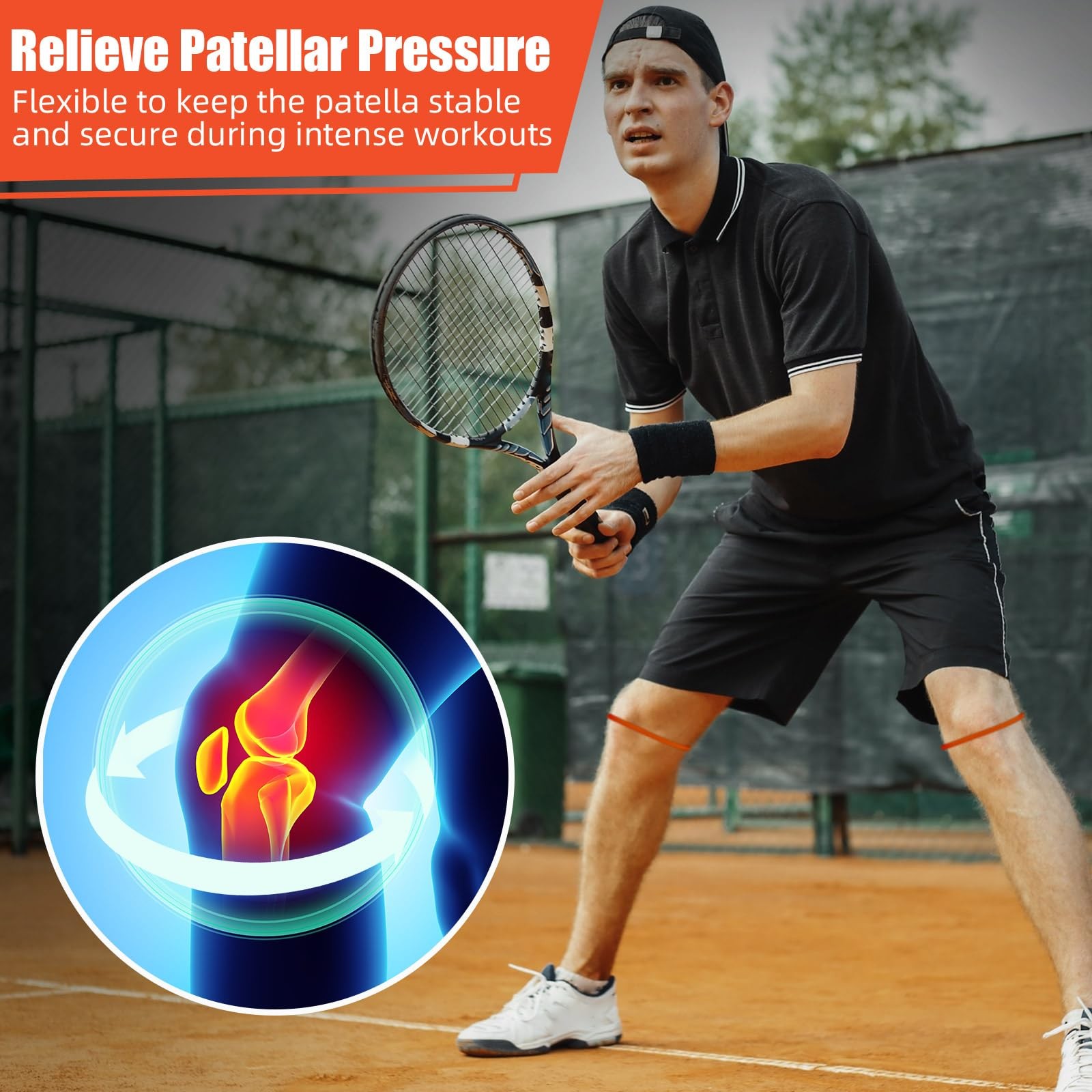 Patella Knee Band Silicone Support Strap 2pcs M Orange Running Basketball Pain