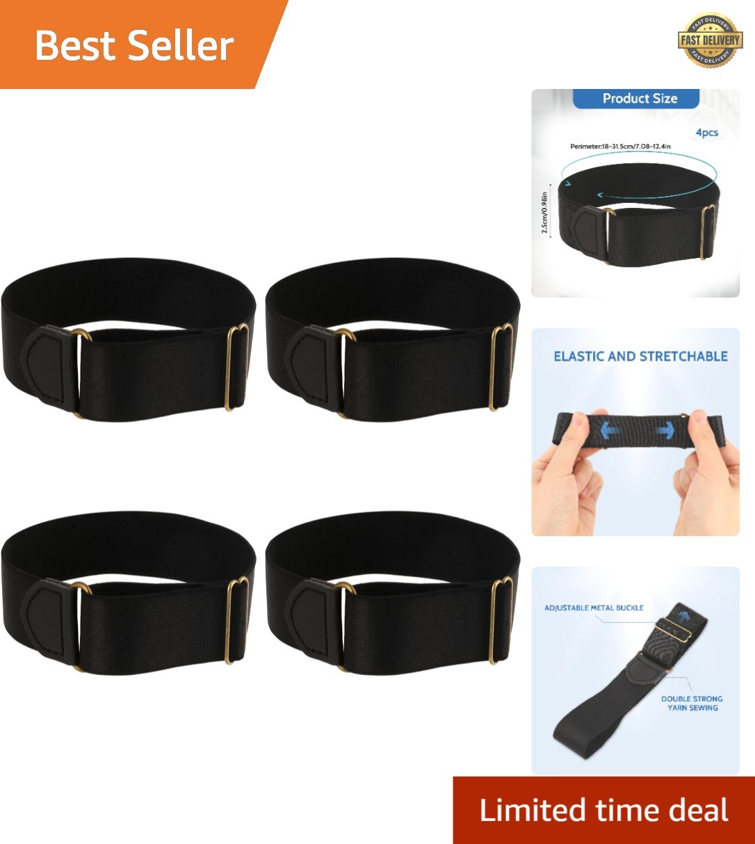 Elastic Black Shirt Sleeve Garters – 4PCS Anti-Slip Design for All Occasions