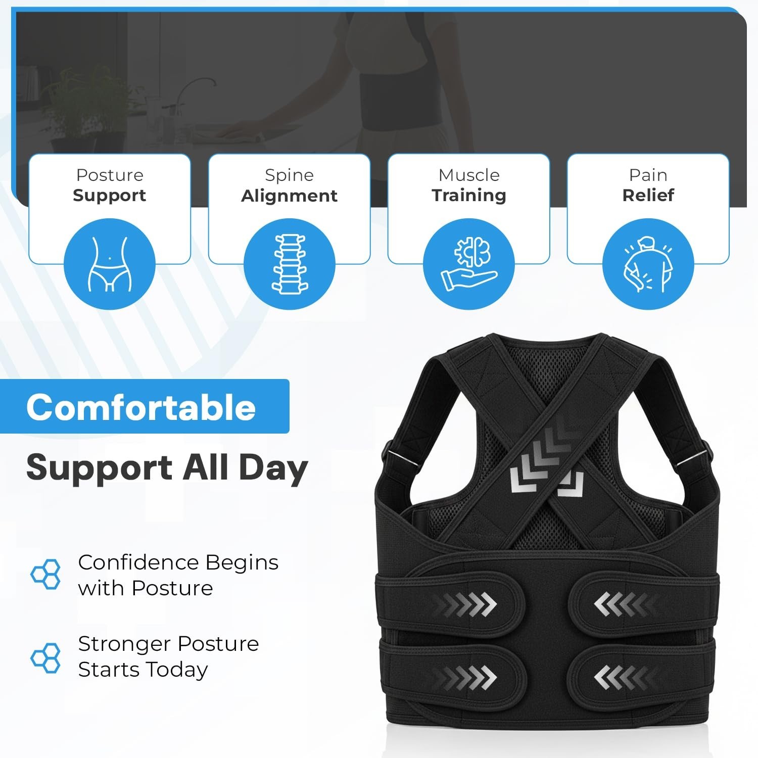 Adjustable Back Brace Posture Corrector for Men & Women – Spine Alignment, Scoli