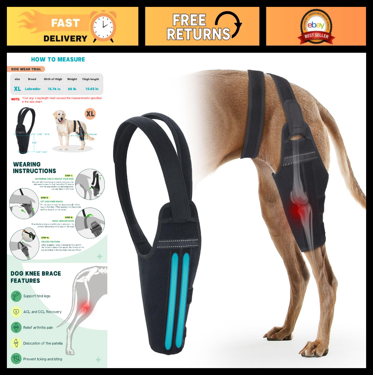 Dog Knee Brace for Torn ACL – Adjustable Support for Hind Leg, Pain Relief, Stab