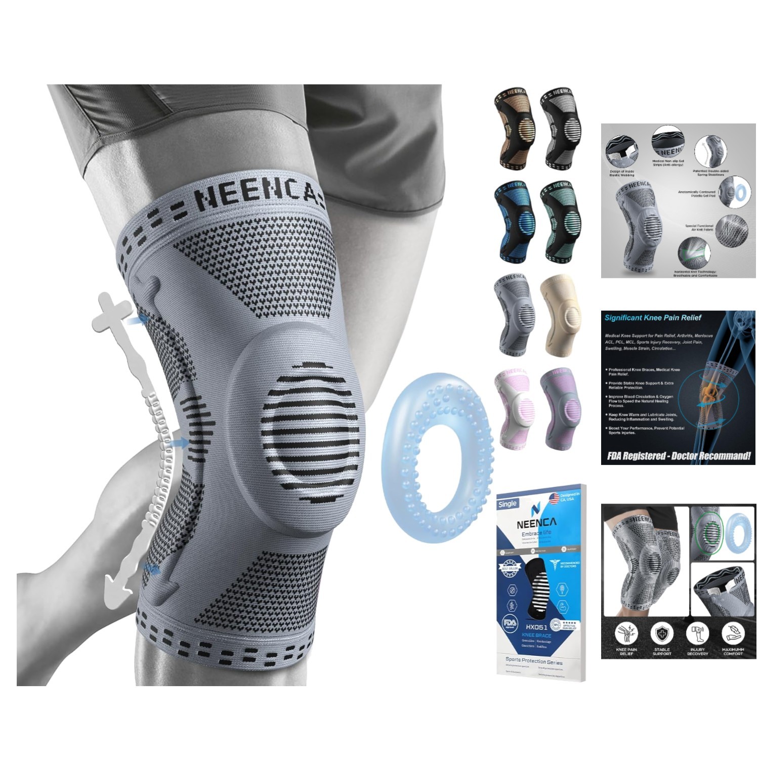 Elite Compression Knee Brace with Patella Gel Pad & Stabilizers for Pain Relief