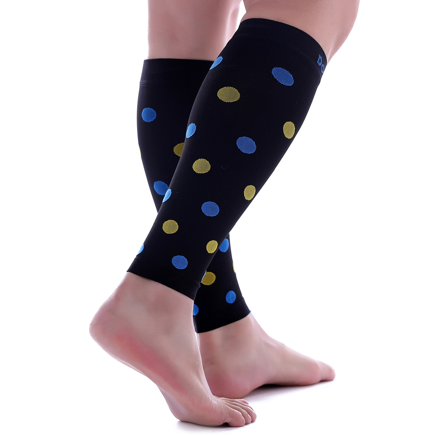 Doc Miller Calf Compression Sleeve 1Pair 20-30mmHg Varicose Polka Dot BLK/BLUYLW
