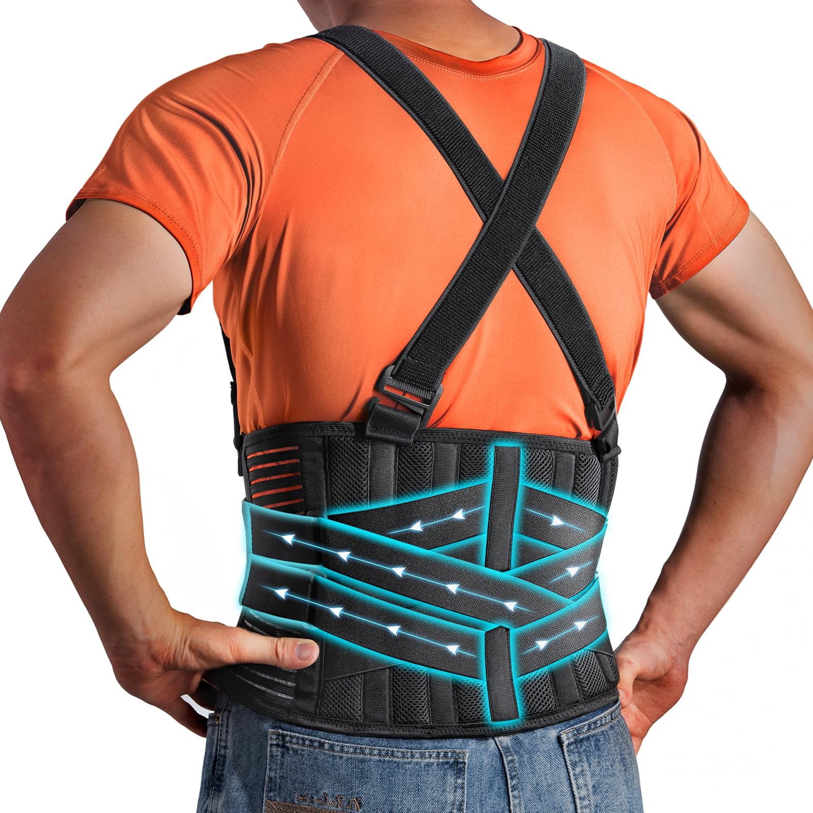 QIBODA Plus Size 2XL/3XL Work Back Brace with 2 Removable Suspender Straps, B…