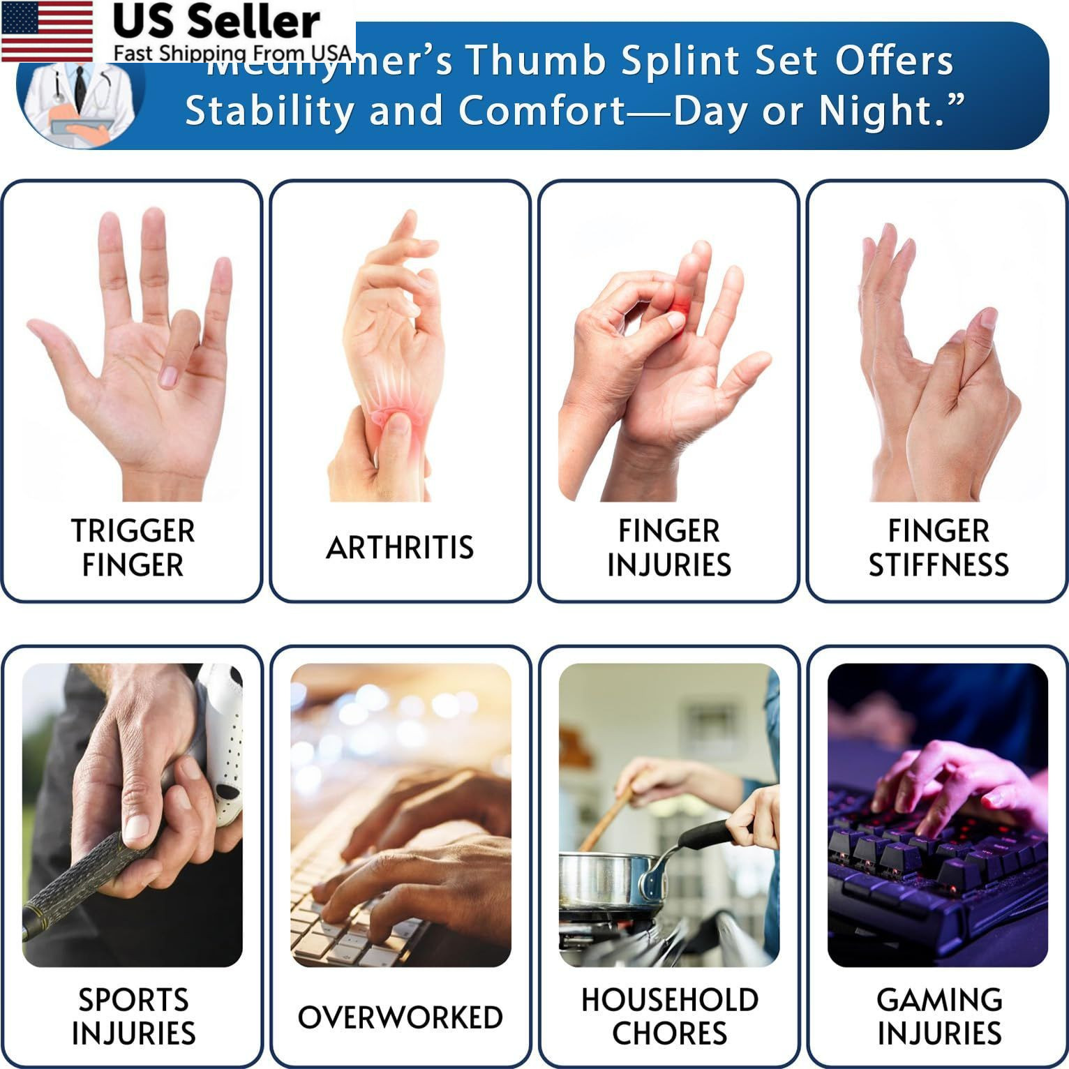Thumb Splint 2 Pack Trigger Thumb Brace for Pain Relief Knuckle Immobilizer