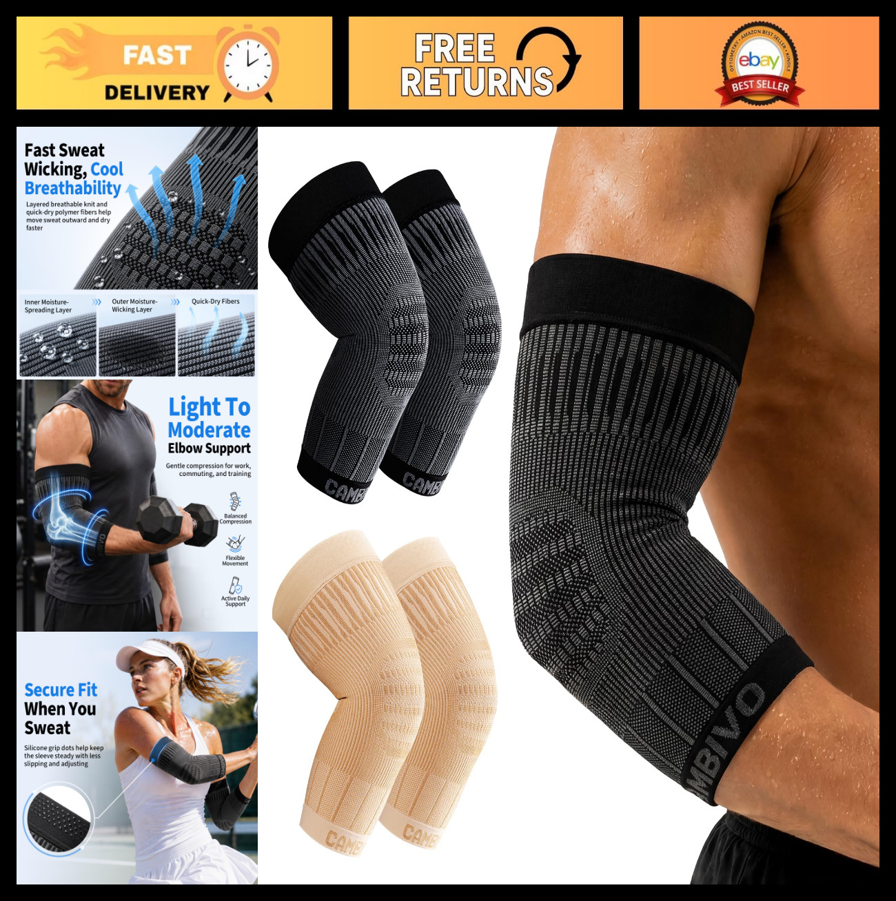 2 Pack Tennis Elbow Compression Sleeves – Lightweight Support Brace for Pain Rel