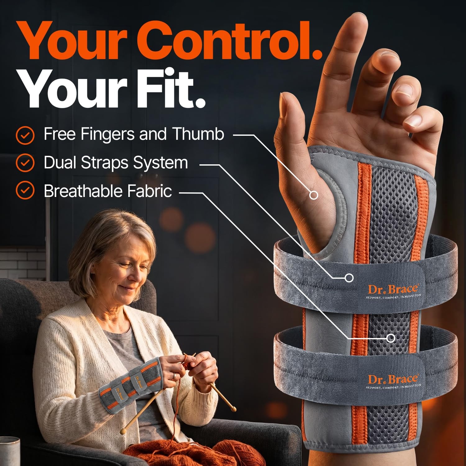 DR. BRACE Grey-Orange L/XL Right Wrist Brace Support