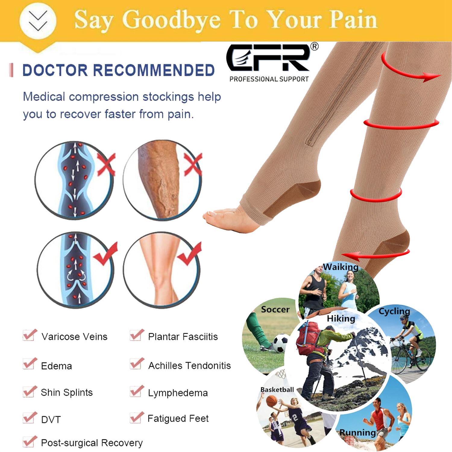 Zipper Compression Socks Copper Support Graduated Stockings Women Mens 20-30mmHg