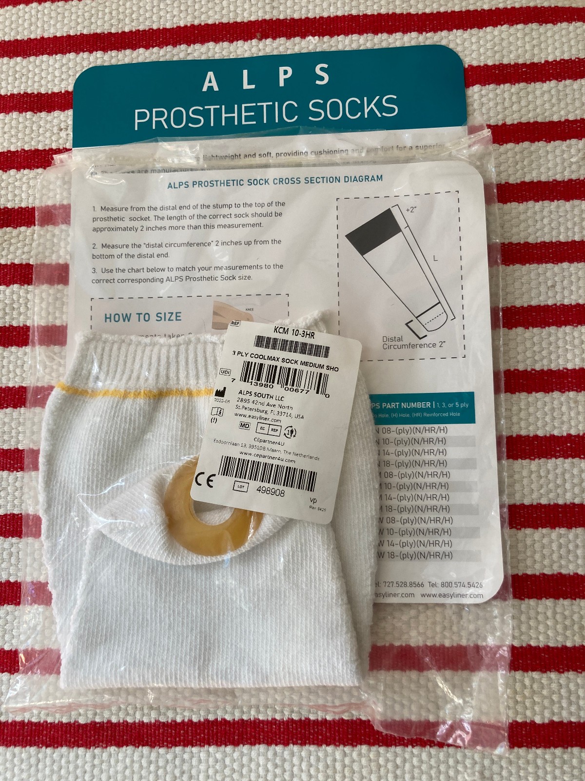 ALPS Prosthetic Sock KCM 10-3HR 3 Ply Coolmax Med Short Yello Stipe Plastic Hole