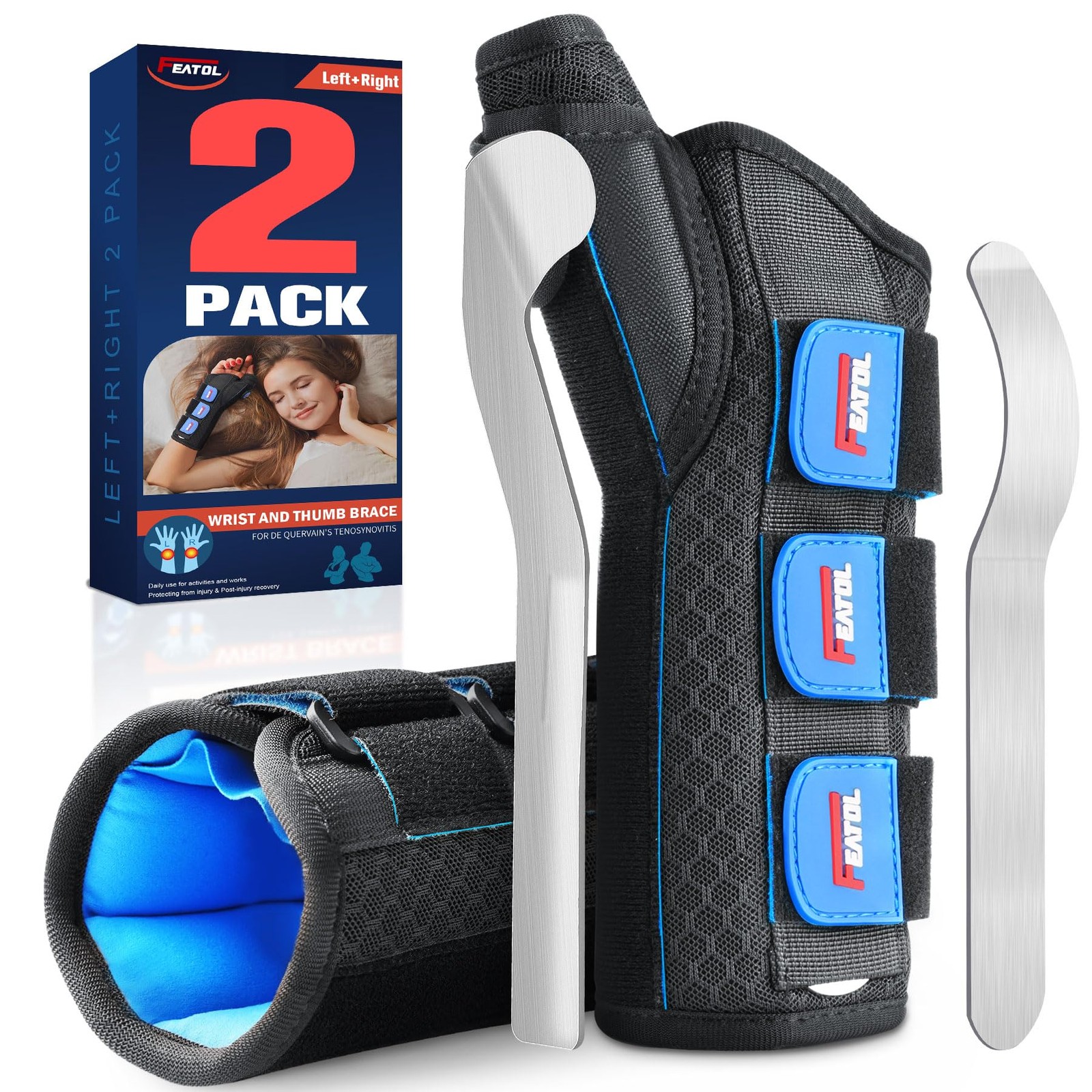 FEATOL 2 Pack Wrist Brace with Thumb Spica Splint Medium/Large, Black Blue