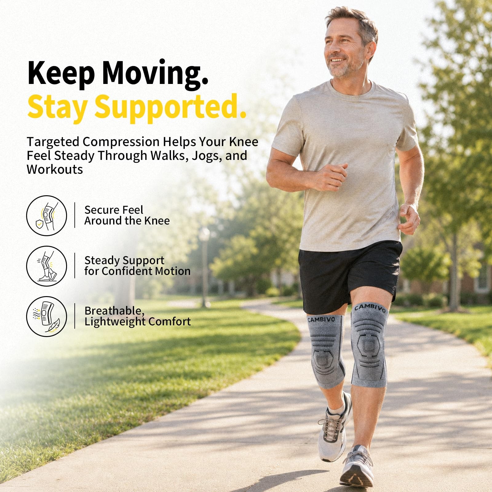 CAMBIVO 2 Pack Knee Brace for Women & Men, Compression Sleeves Large, Gray