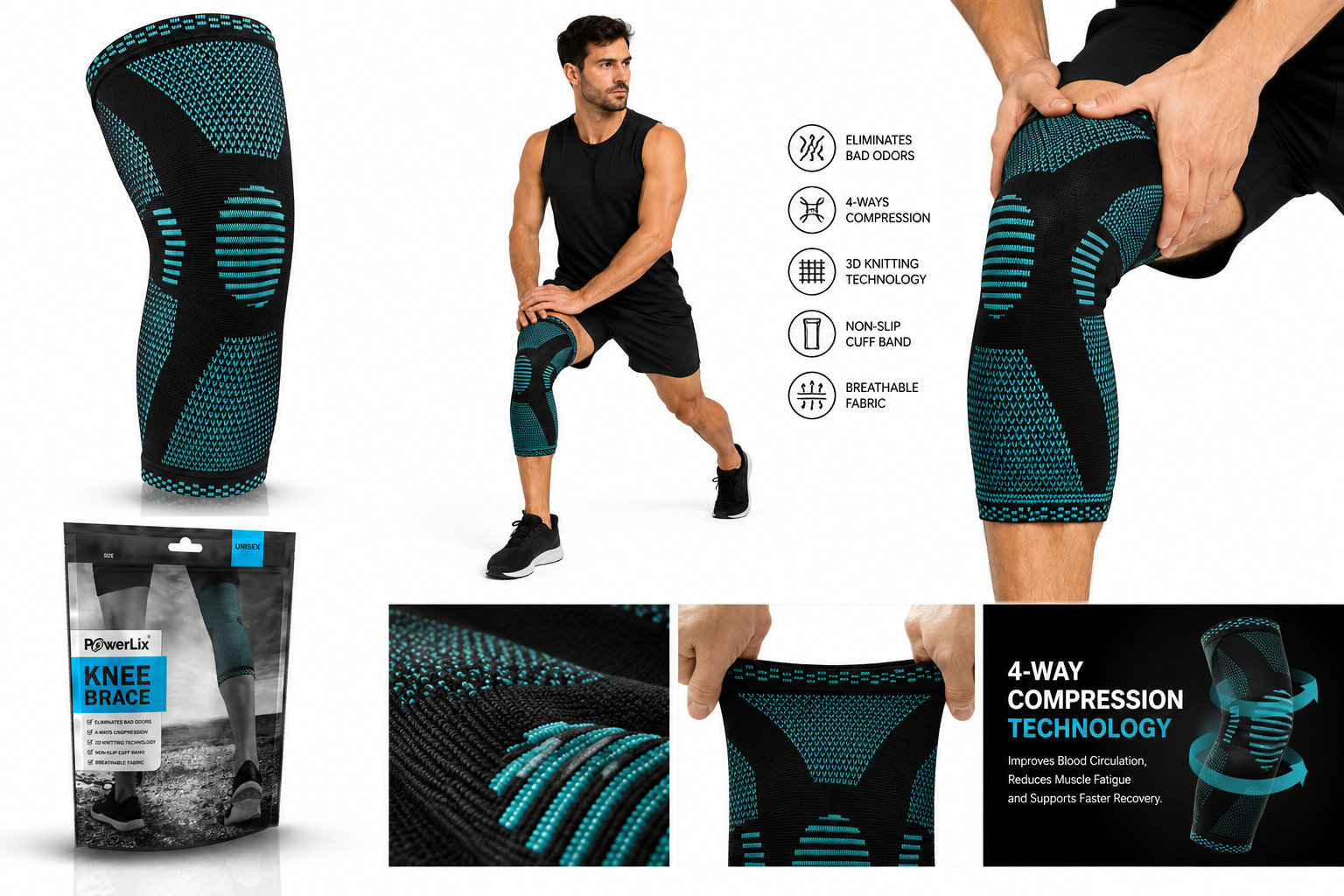 POWERLIX Knee Brace Compression Sleeve Men Women Knee Support Running Gym Medium