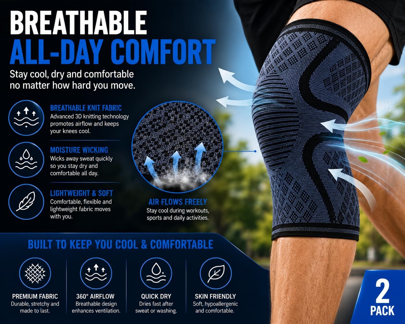 2 PCS Compression Knee Brace Support Sleeve For Joint Meniscus Arthritis