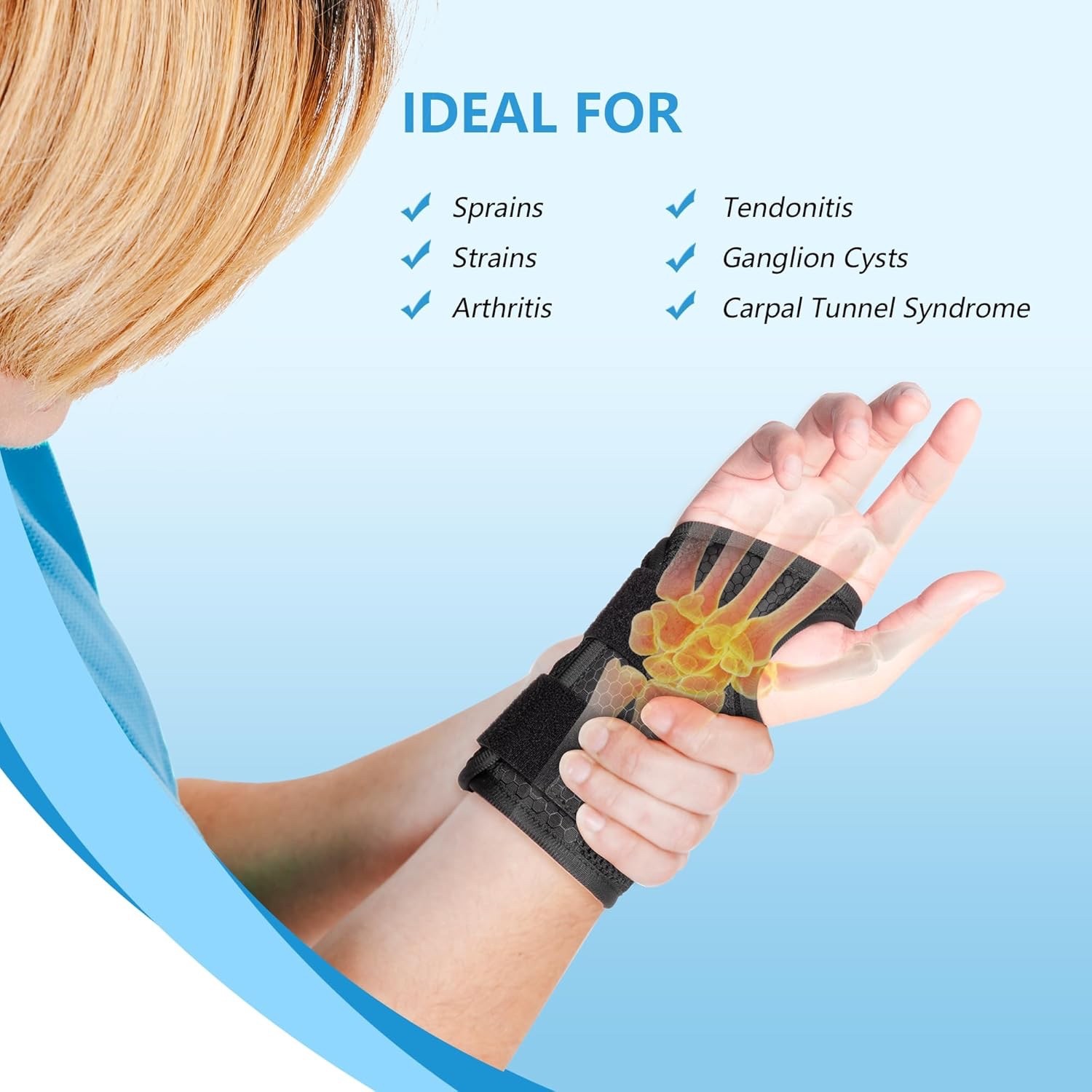 Carpal Tunnel Wrist Brace with Wrist Support – Light Gray on Black, Right, Large