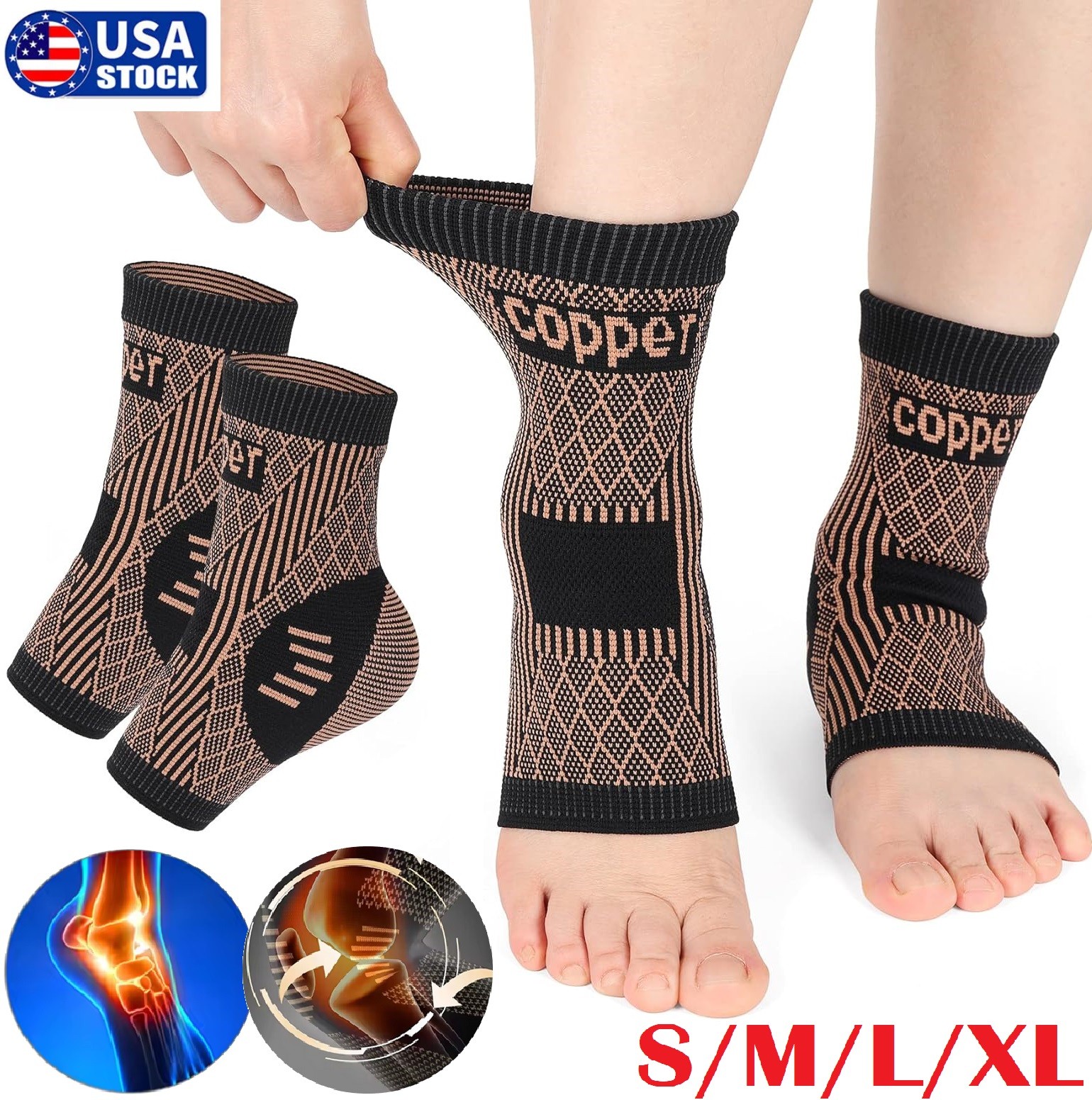 1/2x Copper Ankle Support Brace Compression Sleeve Sock Elastic Foot Pain Relief