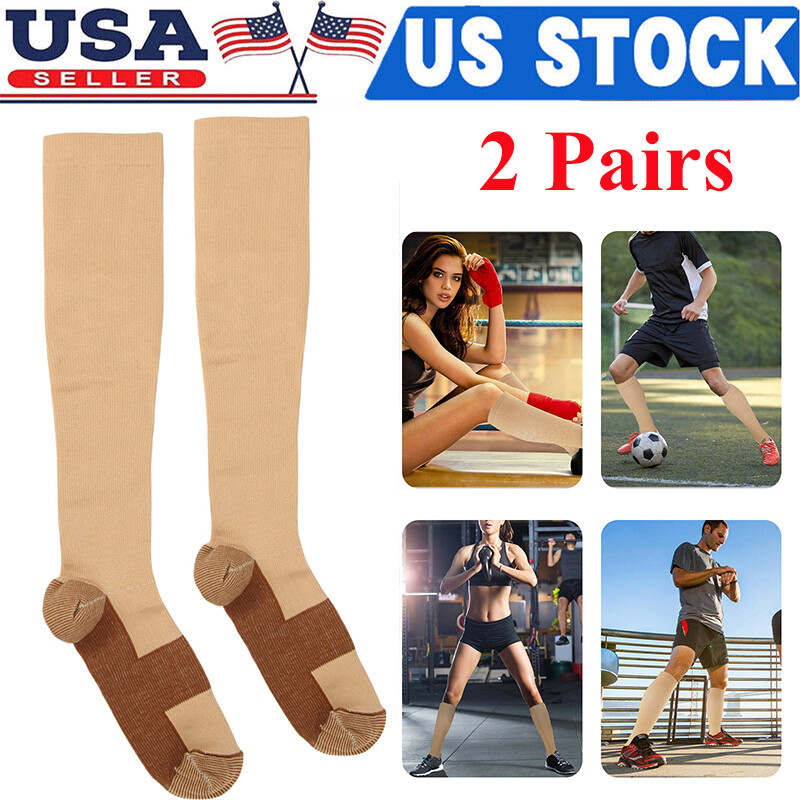 2 Pairs Copper Compression Socks 20-30mmHg Graduated Support Mens Womens S/M-XXL