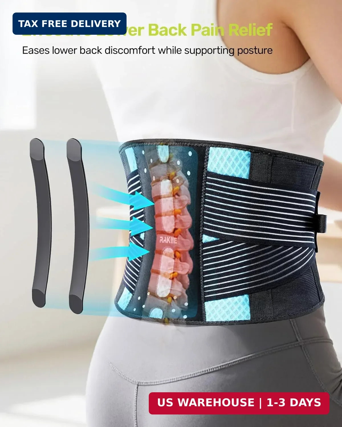 Rakiie Slim Back Brace for Lower Back Pain Relief, Lightweight & Breathable Back