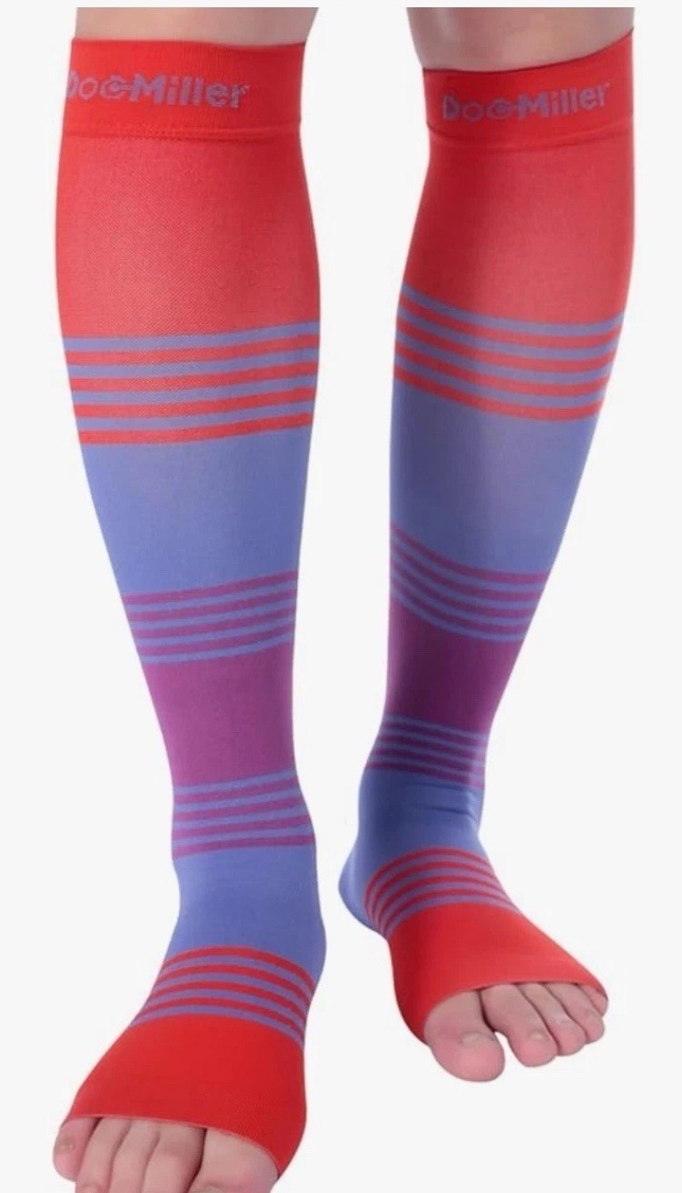 Doc Miller Open Toe Compression Socks Red Purple Gradient Sixe XL 20-30mmHG