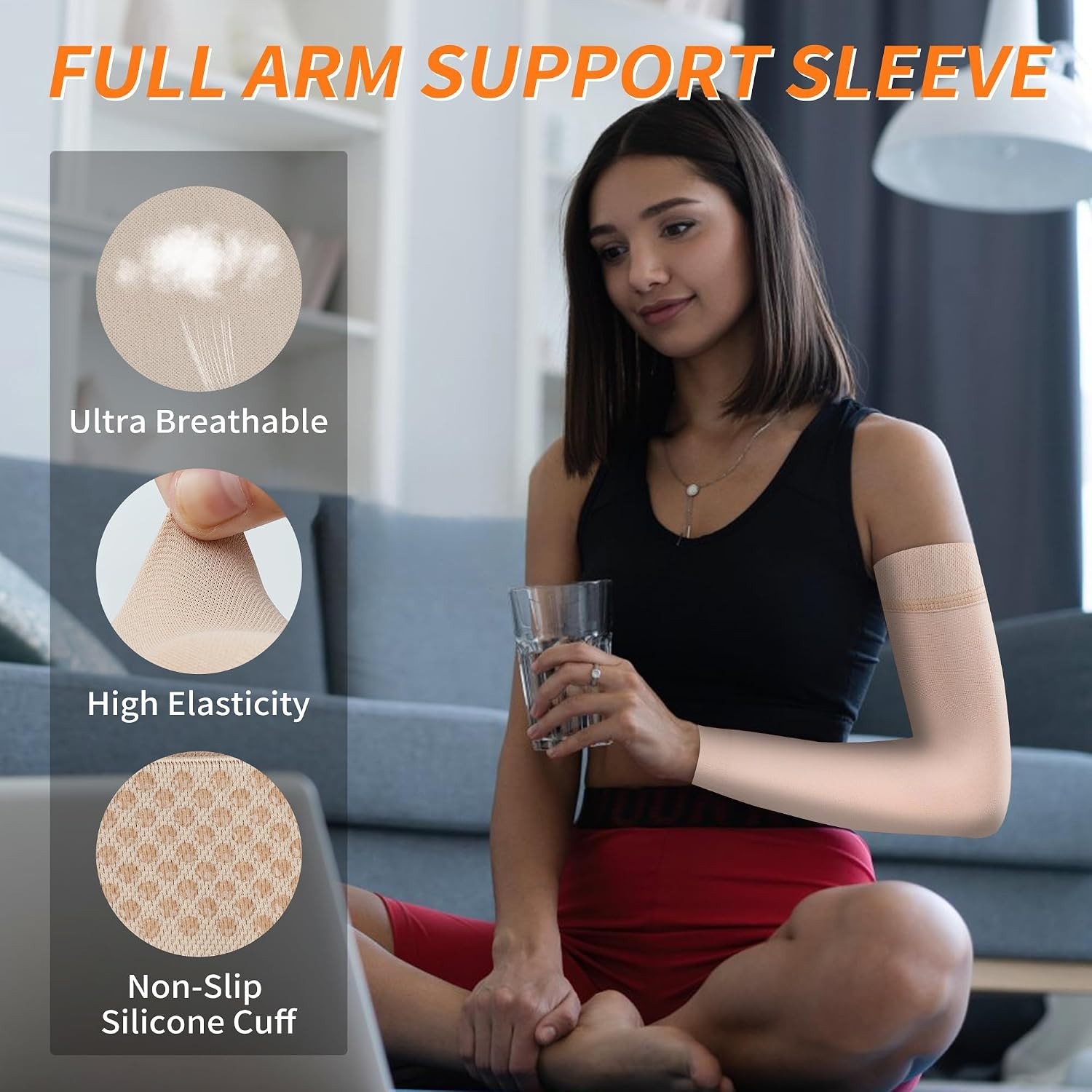 Graduated Compression Arm Sleeve for Men & Women with Silicone Anti-Slip Band
