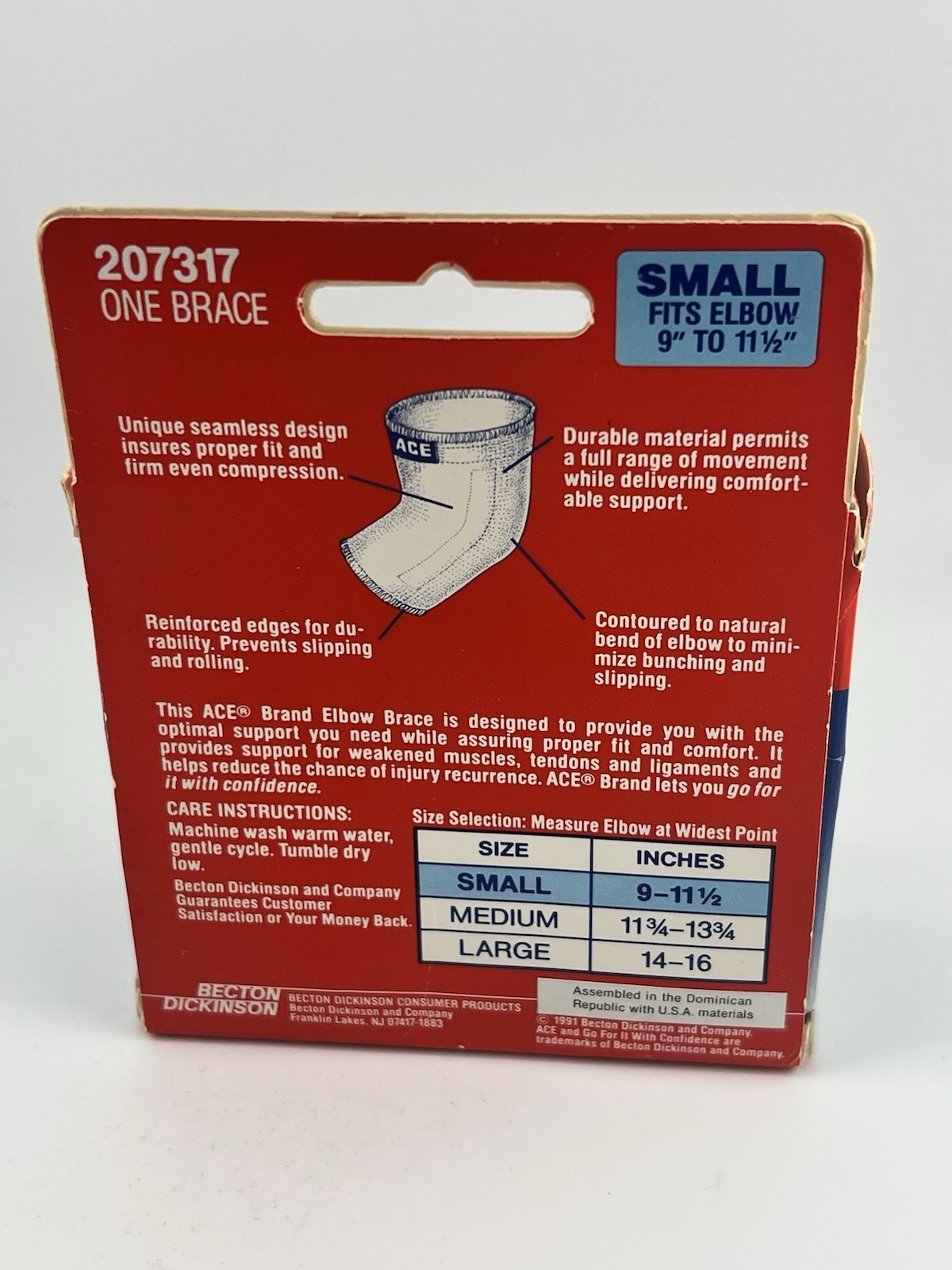 Vintage New ACE Elbow Brace White 207317 SMALL Fits Elbow 9” TO 11 1/2” NOS